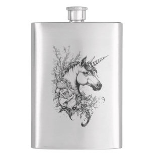 Unicorn Fantasy Wild Animal Illustration Art Tatto Hip Flask