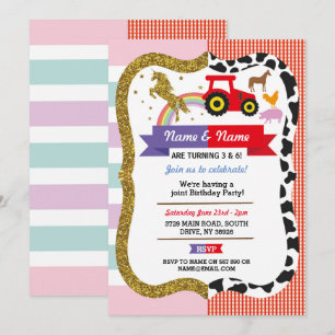 Unicorn & Farm Joint Boy Girl Birthday Farmyard Invitation