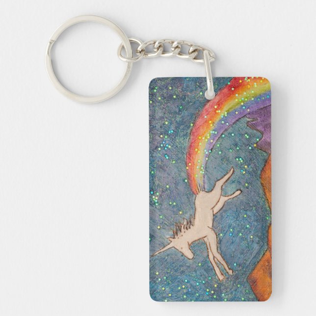 Unicorn Farting a Rainbow in the Sky Keychain (Front)