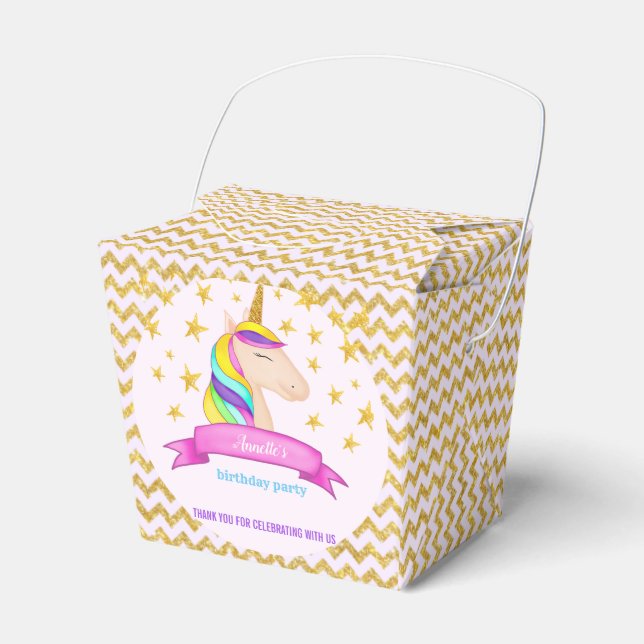 Unicorn Faux Gold Glitter Chevron | Birthday Party Favor Box (Front Side)