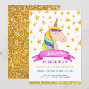 Unicorn Faux Gold Glitter Stars   Birthday Invitation