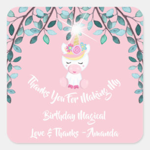 Unicorn Favour Pink Thanks Flowers Sparkly Garden Square Sticker