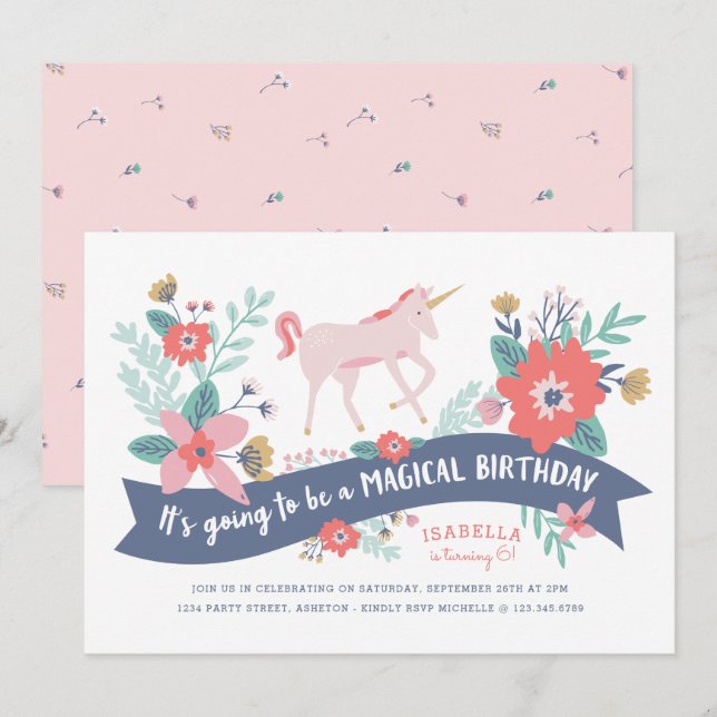 Unicorn Fields Birthday Party Invite (Front/Back)