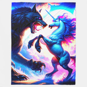 Unicorn Fighting a Wolf Fleece Blanket