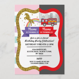 Unicorn Firetruck Boy Girl Birthday Shared Fun Invitation