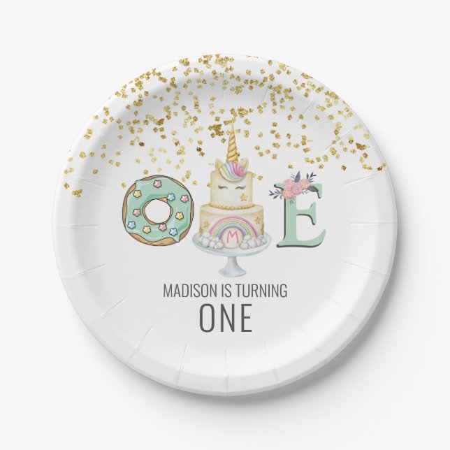 Unicorn First Birthday Gold Aqua Pink Paper Plate (Front)