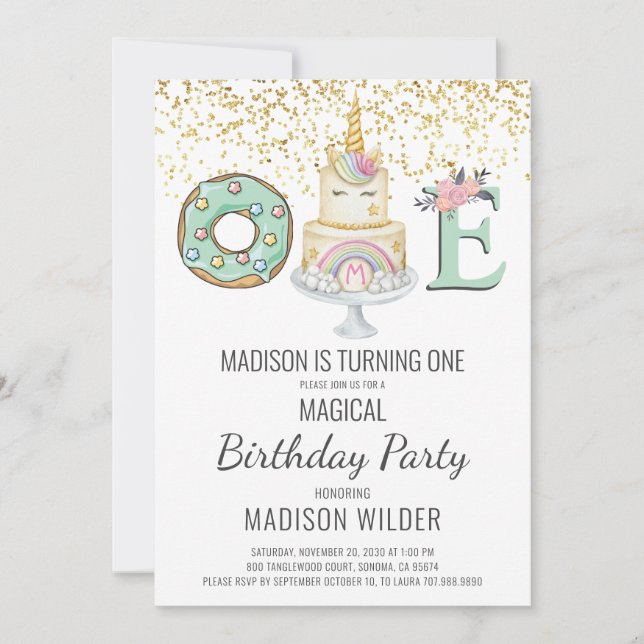 Unicorn First Birthday Gold Aqua Pink White Invitation (Front)