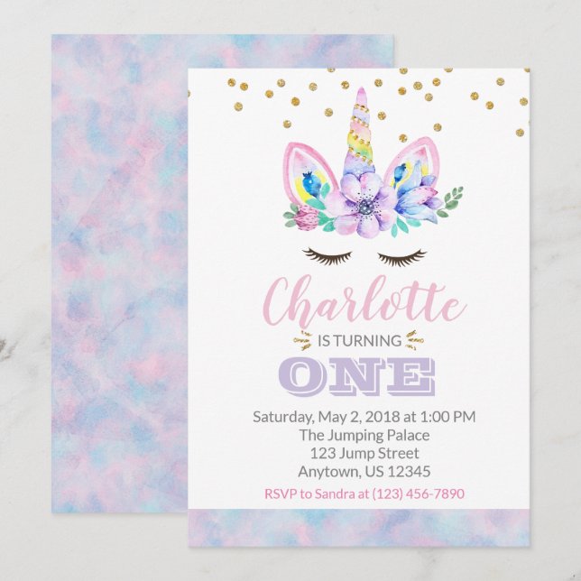 Unicorn First Birthday Invitation - Watercolor (Front/Back)