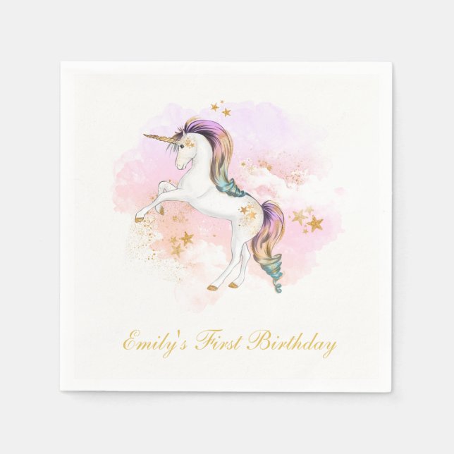Unicorn First Birthday Napkins (Front)