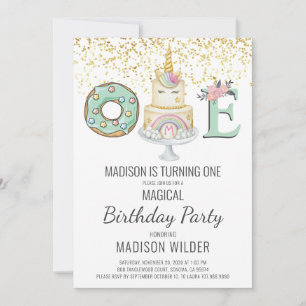 Unicorn First Birthday Party Invitation