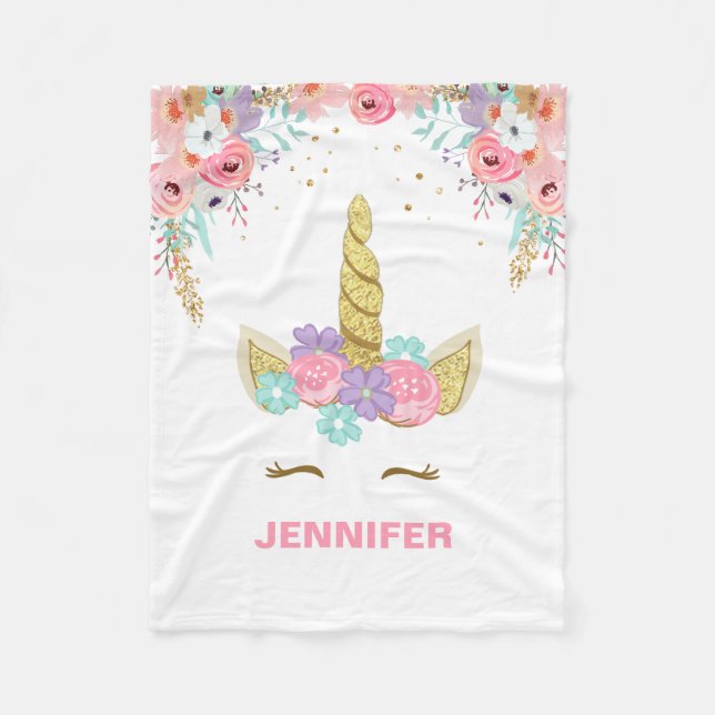 Unicorn Fleece Blanket personalized Girl Floral (Front)