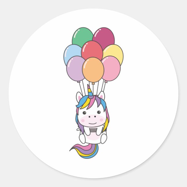 Unicorn Flies Up With Colourful Balloons Classic Round Sticker (Front)