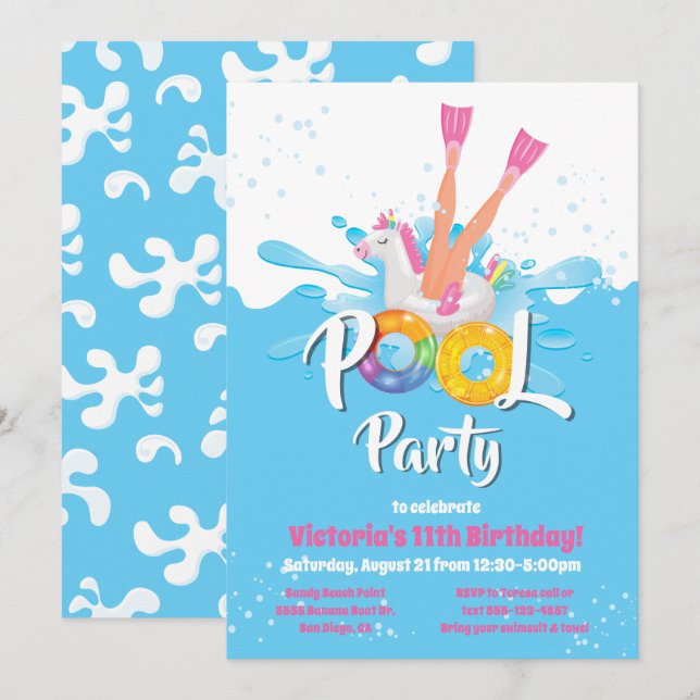 Unicorn Flippers Pool Party Invitation (Front/Back)
