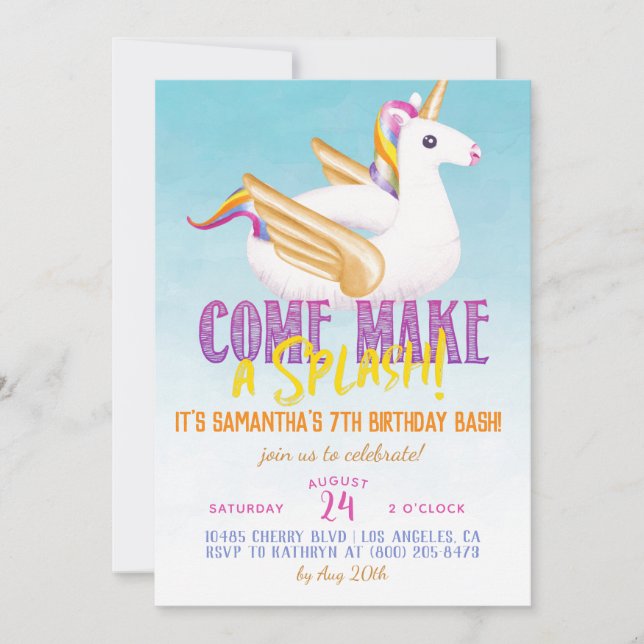 Unicorn Float Pool Summer Birthday Invitation (Front)
