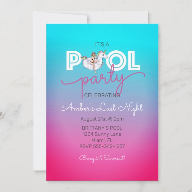 Unicorn Float Summer Pool Bachelorette Party Ombre Invitation (Front)