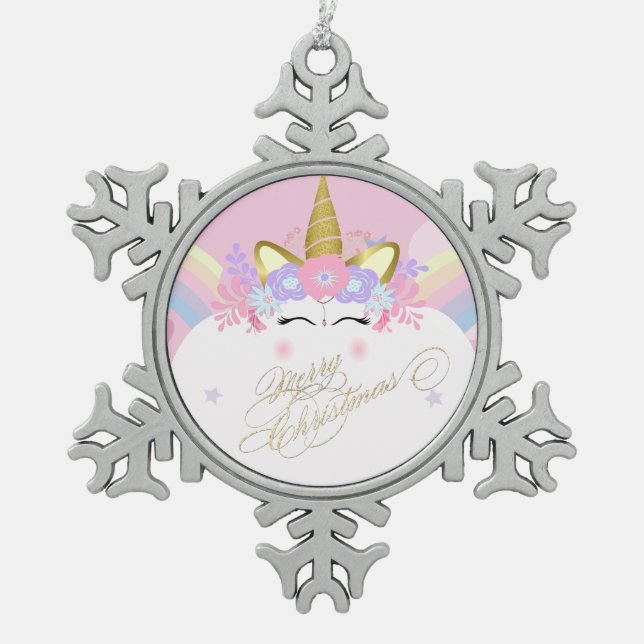 Unicorn Floral Crown, Merry Christmas Snowflake Pewter Christmas Ornament (Front)
