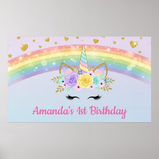 Unicorn Floral Crown Rainbow Birthday Poster