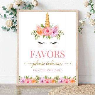 Unicorn Floral Favors Please Take One Poster