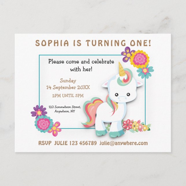 Unicorn Floral First Birthday Invitation White Postcard (Front)