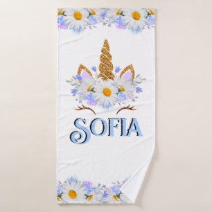 Unicorn Floral Gold Glitter Personalized   Bath Towel