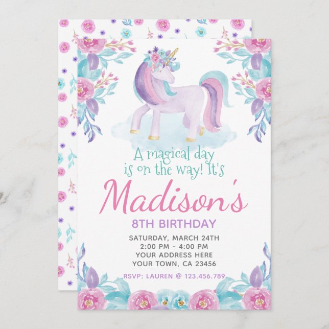 Unicorn Floral Invitation d'anniversaire (Devant / Derrière)