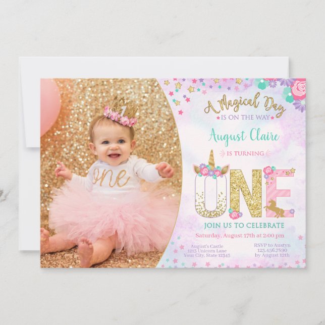 Unicorn Floral Magical 1st Birthday Invitation (Front)