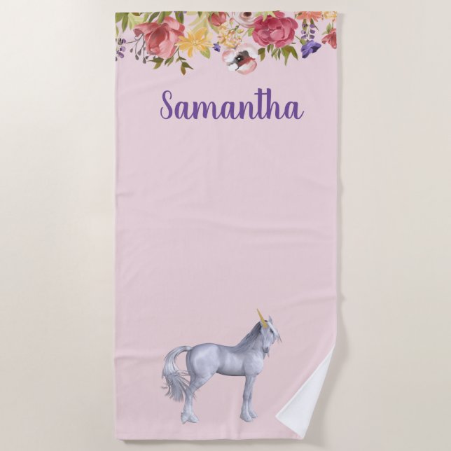 Unicorn Floral Personalized Name Beach Towel (Front)