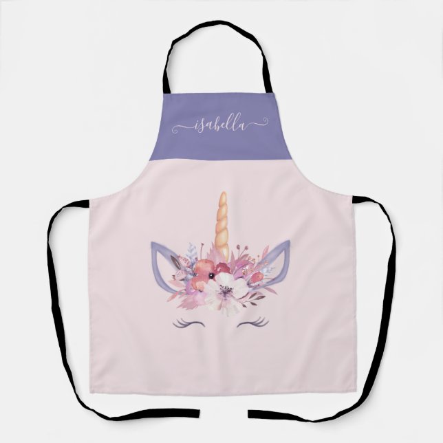 Unicorn floral pink and purple girly cute apron (Front)