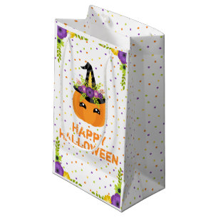 Unicorn Floral Pumpkin Happy Halloween White Small Gift Bag