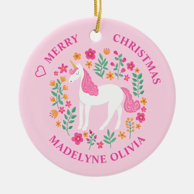 Unicorn Flowers Cute Pink Personalized Name Ceramic Ornament (Front)
