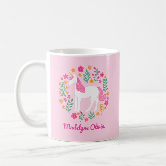 Unicorn Flowers Cute Pink Personalized Name Coffee Mug (Left)