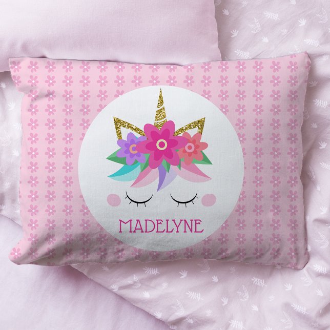Unicorn Flowers Cute Pink Personalized Name Pillowcase (Creator Uploaded)