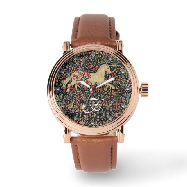 UNICORN,FLOWERS,FOREST ANIMALS Floral Monogram Watch (Front)
