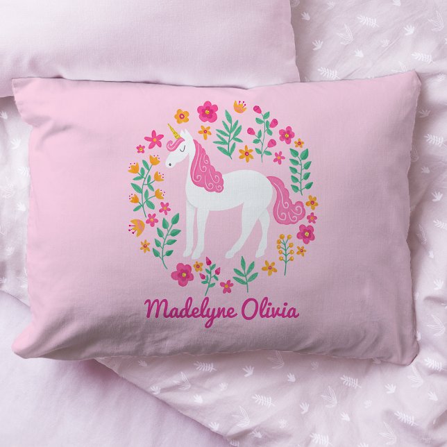 Unicorn Flowers Glitter Pink Personalized Name Pillowcase (Creator Uploaded)