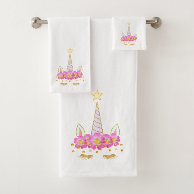 Unicorn, Flowers & Gold Confetti Bath Towel Set (Insitu)