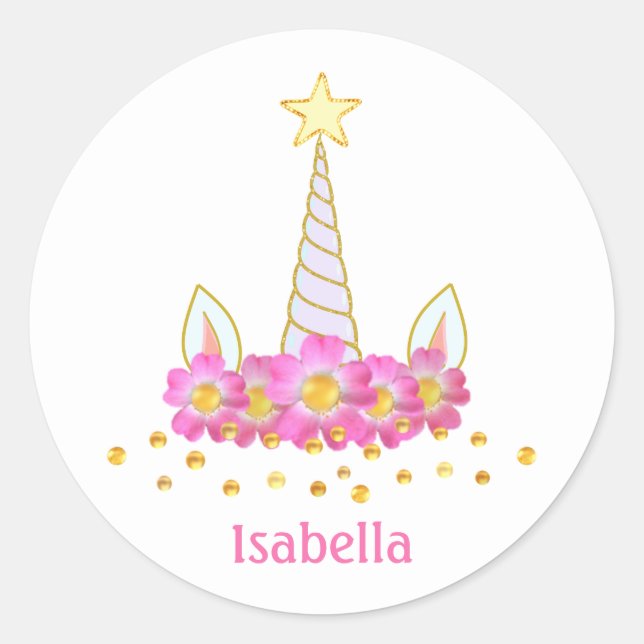 Unicorn, flowers, gold confetti & calligraphy classic round sticker (Front)