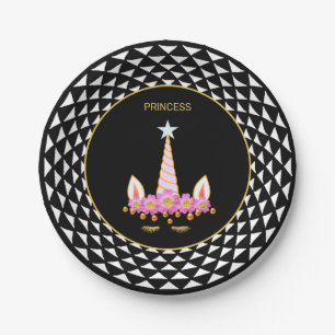 Unicorn, flowers, gold confetti on black & white paper plate