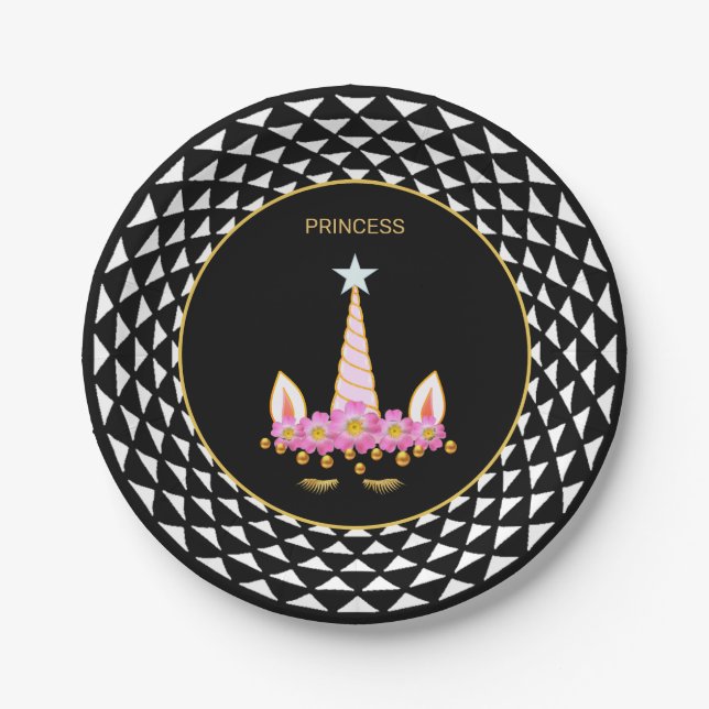 Unicorn, flowers, gold confetti on black & white paper plate (Front)