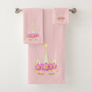Unicorn, Flowers & Gold Confetti on Light Pink Bath Towel Set
