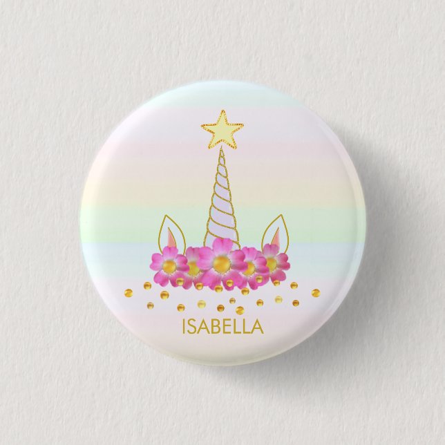 Unicorn, flowers & gold confetti on pastel colours 1 inch round button (Front)
