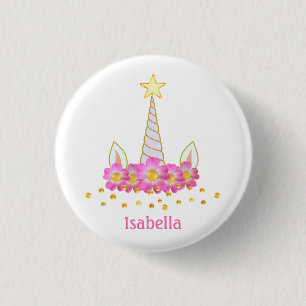 Unicorn, flowers & gold confetti on white 1 inch round button