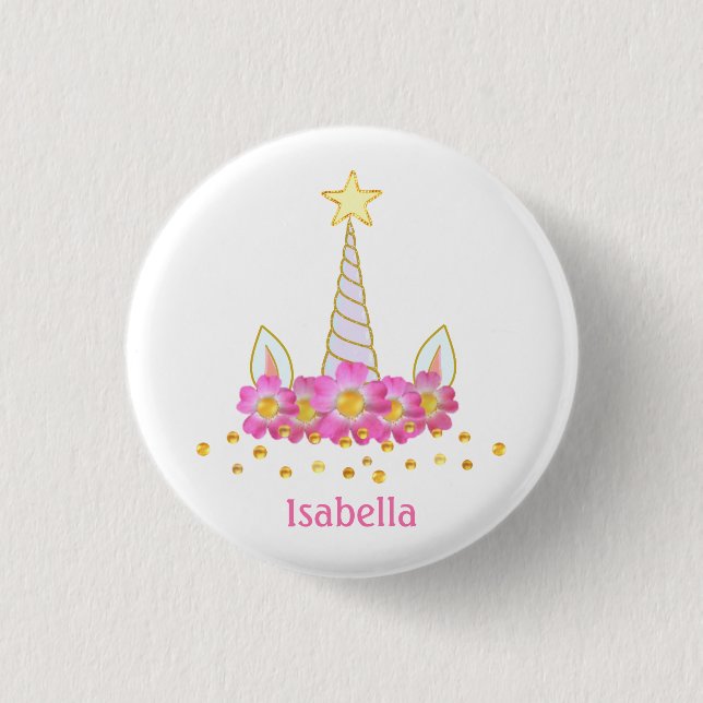 Unicorn, flowers & gold confetti on white 1 inch round button (Front)
