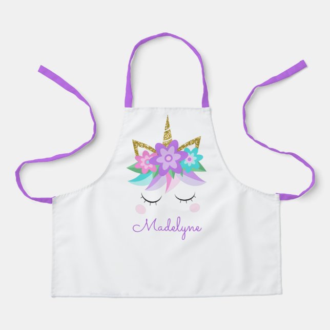 Unicorn Flowers Gold Glitter Personalized Apron (Front)