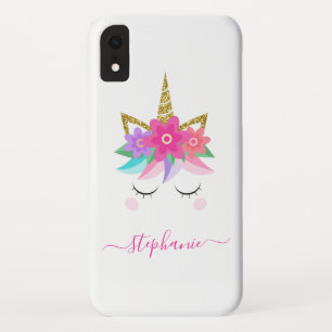 Unicorn Flowers Gold Glitter Personalized iPhone XR Case