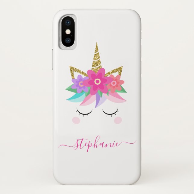Unicorn Flowers Gold Glitter Personalized Case-Mate iPhone Case (Back)