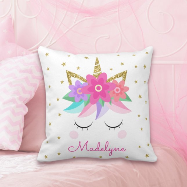 Unicorn Flowers Gold Glitter Personalized Girly Throw Pillow (Creator Uploaded)