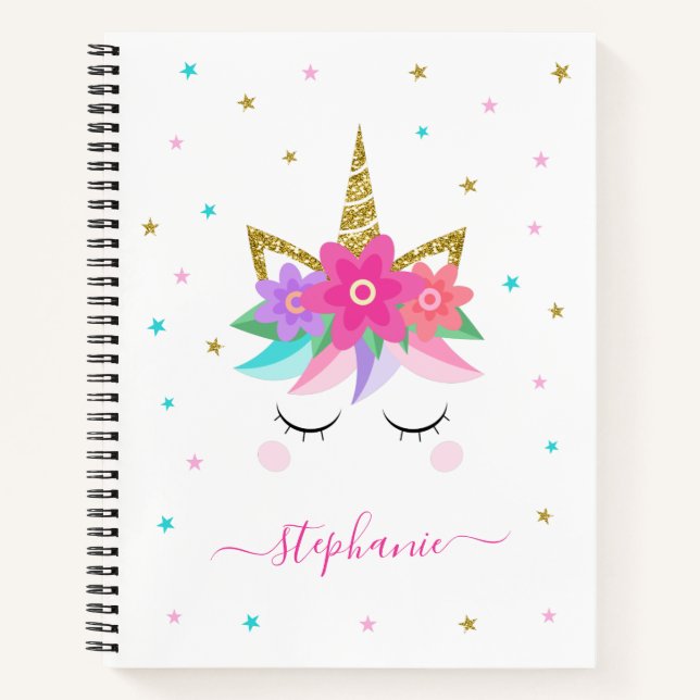 Unicorn Flowers Gold Glitter Personalized Notebook (Front)