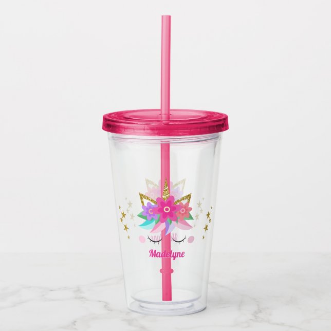 Unicorn Flowers Gold Glitter Stars Personalized Acrylic Tumbler (Front)