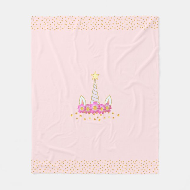 Unicorn, flowers & golden confetti on light pink f fleece blanket (Front)