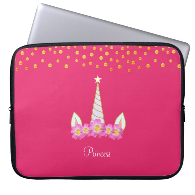 Unicorn, flowers & golden confetti on pink laptop sleeve (Front)